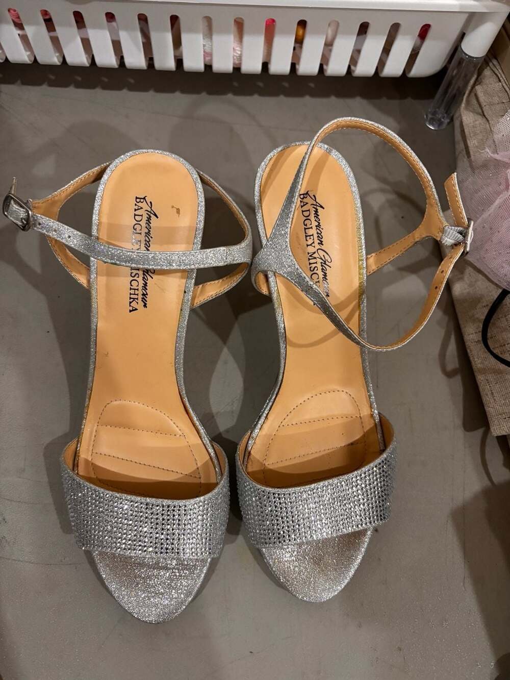 American Glamour Badgley Mischka Irina Silver Rhinestone Ankle Strap Sandals